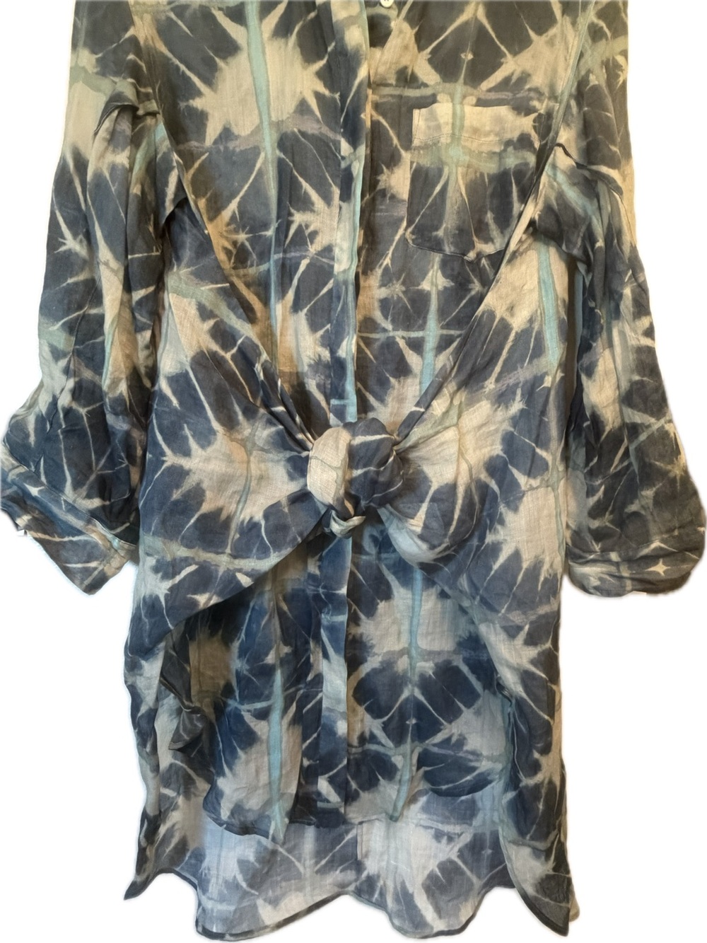 Zara Indigo/Cream Watercolor Geo Design Boho Tunic Dress With Knotted Tie Sz XS